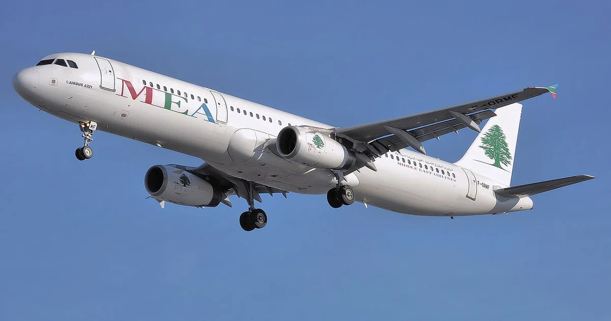 Middle East Airlines A321-200 (F-ORMF) landing at London Heathrow Airport.jpg